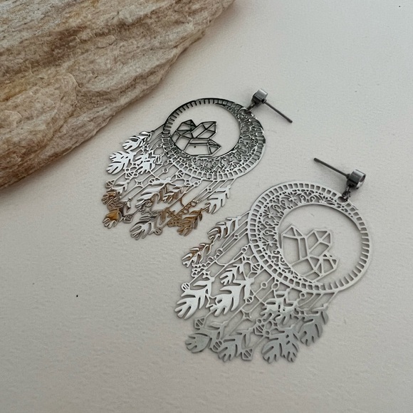 Moon Dream Catcher Silver Dangle Earrings -Silver Witchy Chic Celestial Earrings - Picture 1 of 10